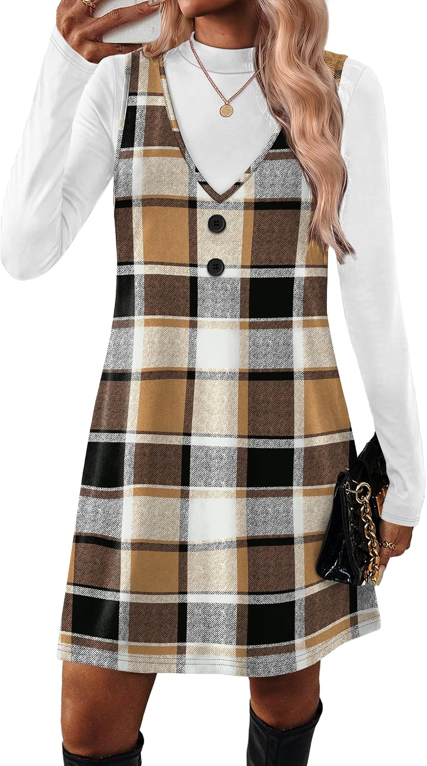OFEEFAN Fall Dresses for Women 2 Piece Sets Long Sleeve Overall Dress with Pockets Abvoe Knee Fashion Winter Clothing