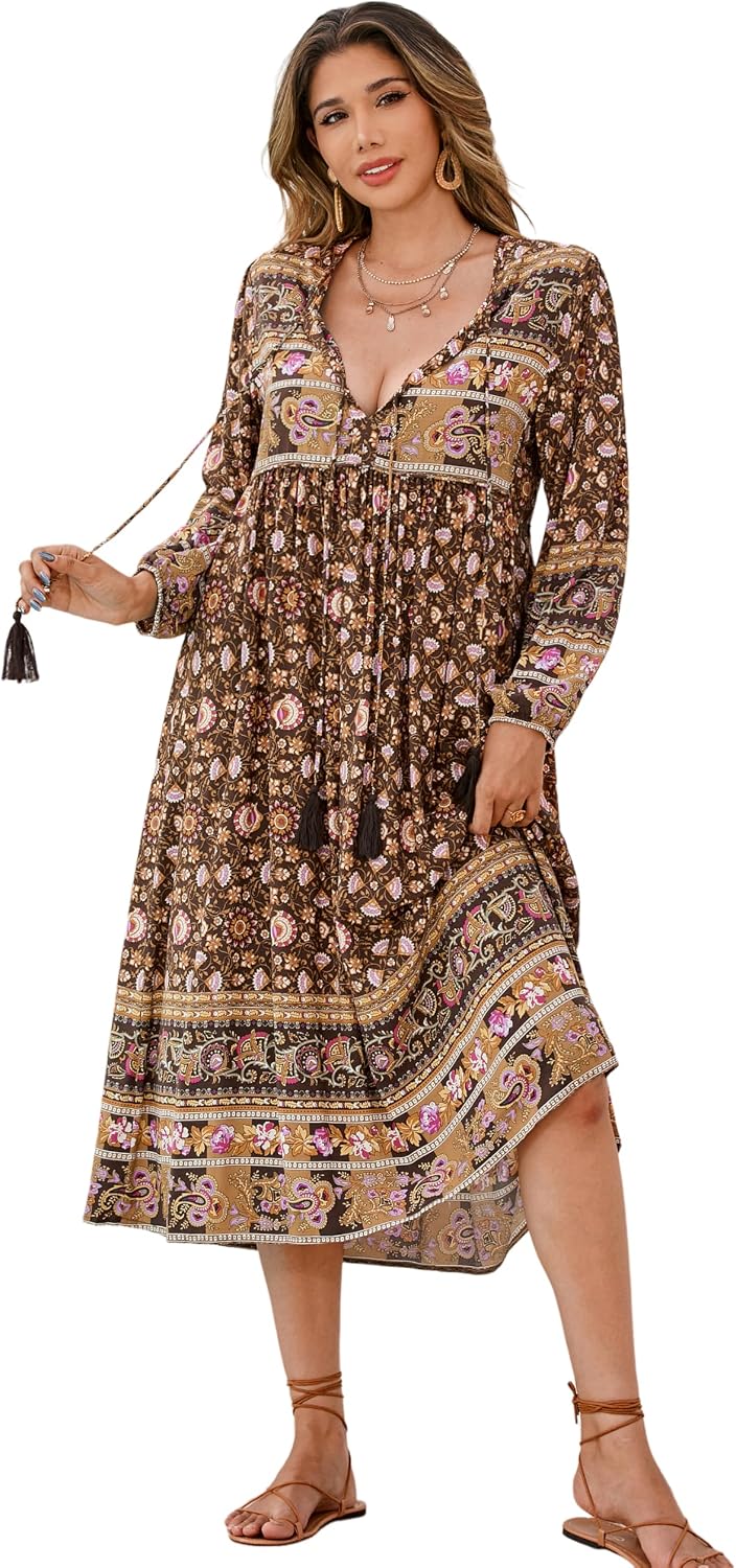 R.Vivimos Women's Long Sleeve Casual Boho Floral Midi Dresses | Retro V Neck, Tassel Tie, Beach Vacation Outfits, Resort Wear