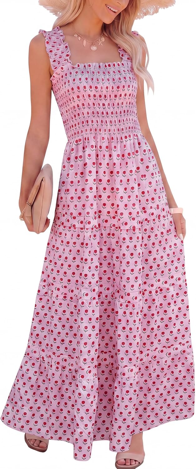 Caracilia Womens Summer Maxi Dresses Floral Smocked Boho Sundress | Sleeveless Ruffle Straps, Square Neck, Tiered Aline Flowy Casual Long Dress, Beach Vacation Outfits