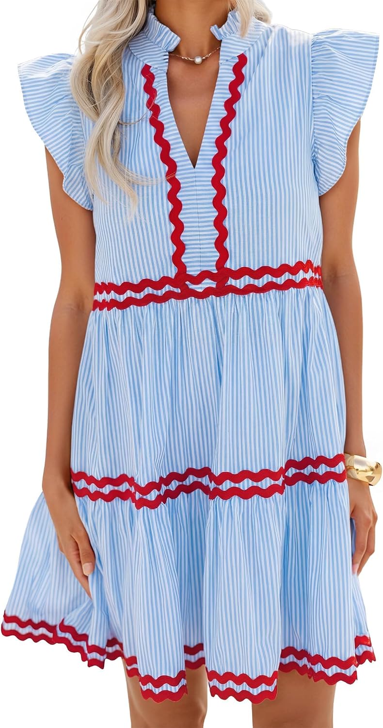 ZESICA Women's Summer Casual Striped Mini Dress Beach Dresses | Flutter Short Sleeve Dress,Elegant Flutter Sleeves Vneck Dresses,Ruffle A Line Clothes,Striped Short Dress,Cocktail Party