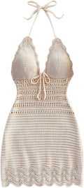 GORGLITTER Women's Crochet Halter Mini Dress Western Cowgirl Sweater Dress | Boho Knit Backless Dresses, 90s Country Concert Party Festival Outfits, Rave Hippie Clothes