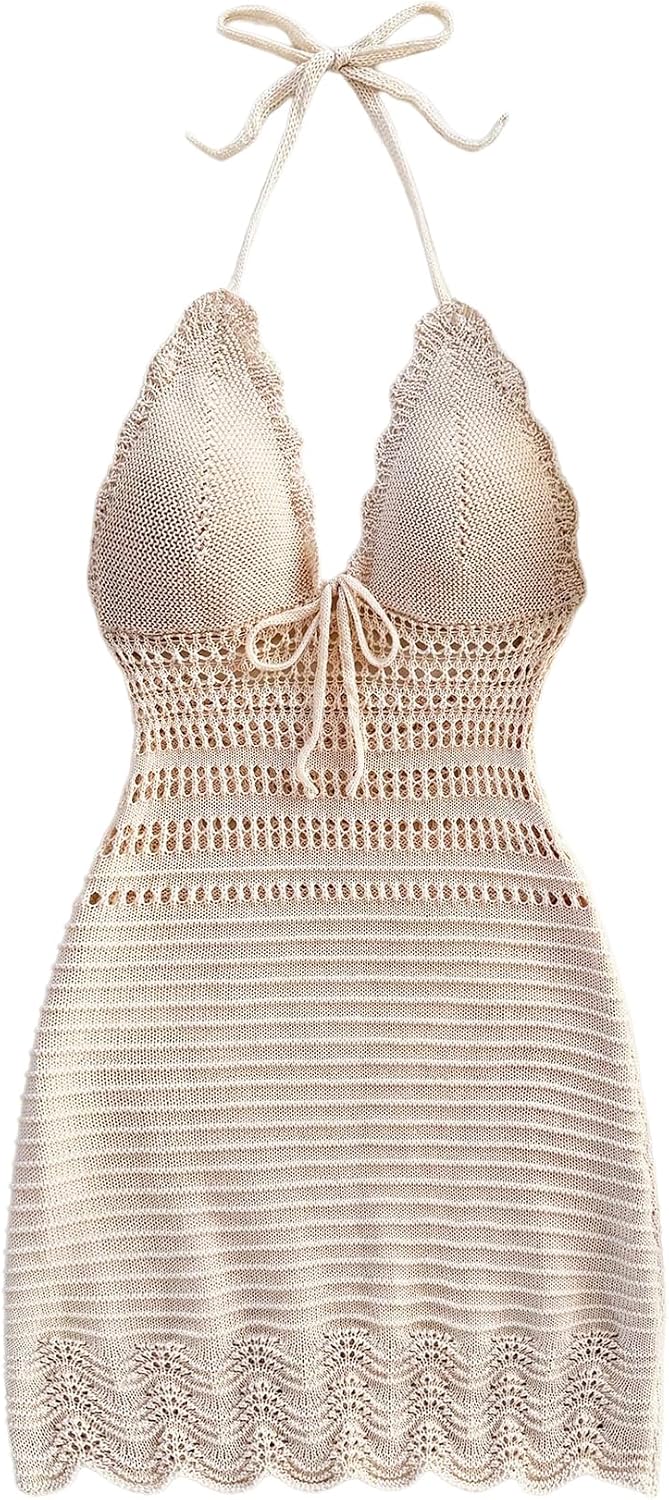 GORGLITTER Women's Crochet Halter Mini Dress Western Cowgirl Sweater Dress | Boho Knit Backless Dresses, 90s Country Concert Party Festival Outfits, Rave Hippie Clothes