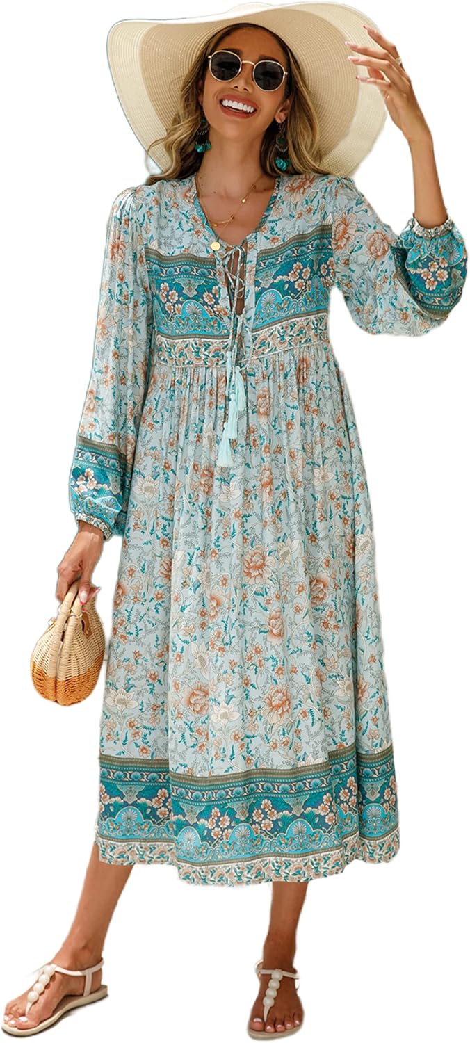 R.Vivimos Women's Long Sleeve Casual Boho Floral Midi Dresses | Retro V Neck, Tassel Tie, Beach Vacation Outfits, Resort Wear