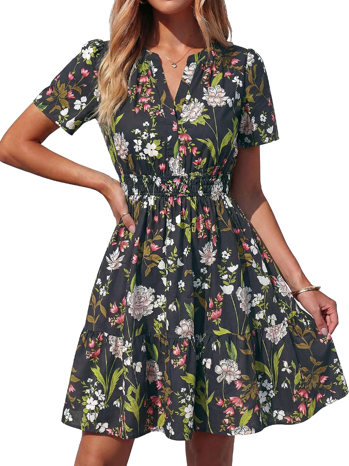 BTFBM Summer Dresses for Women 2026 Casual Short Sleeve Floral Mini Dress | V Neck Empire Waist A Line Sundress, Lightweight Dress, Party Holiday Wedding Guest Dress, Date Travel Beach Vacation Outfits