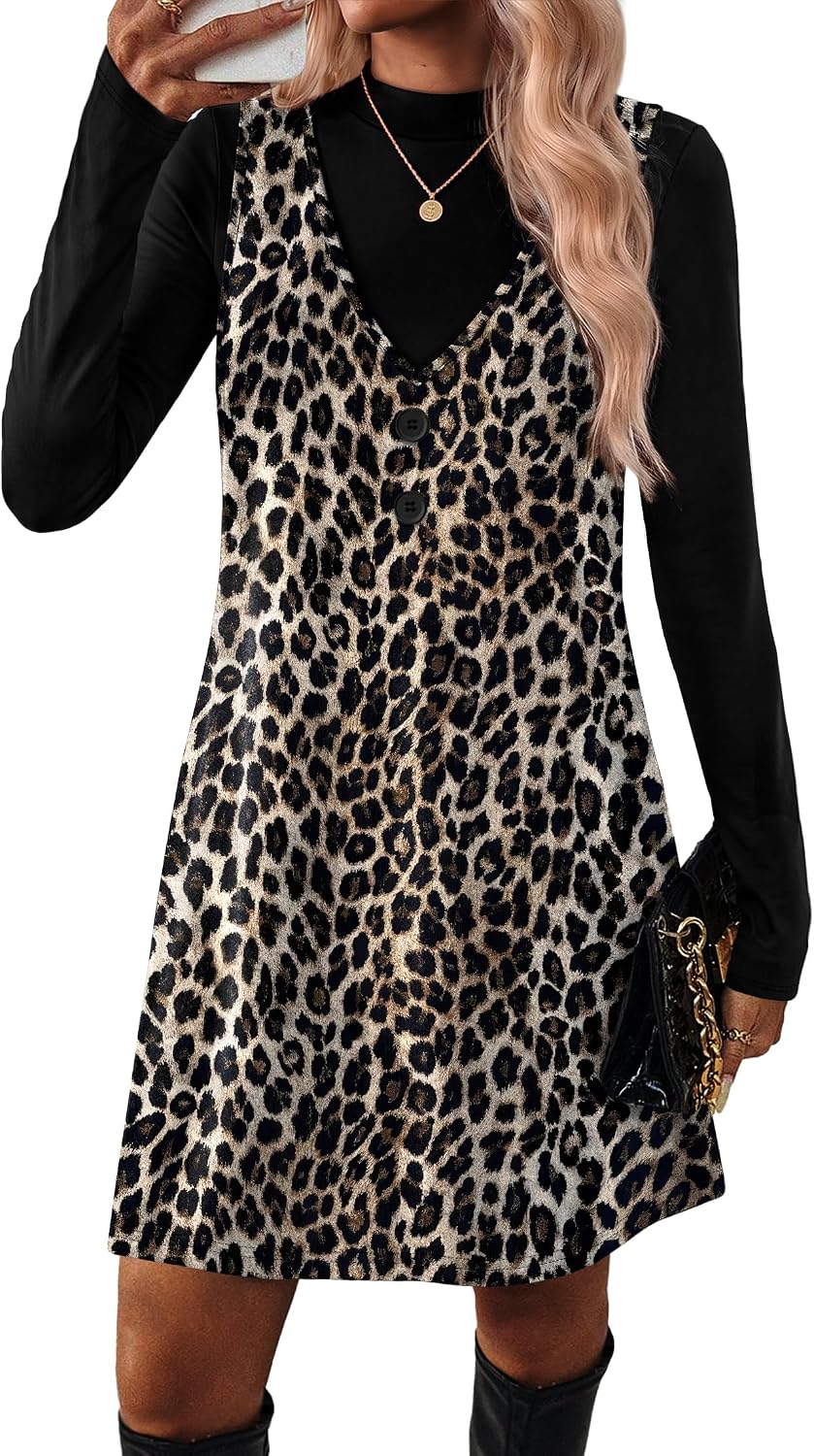 OFEEFAN Fall Dresses for Women 2 Piece Sets Long Sleeve Overall Dress with Pockets Abvoe Knee Fashion Winter Clothing