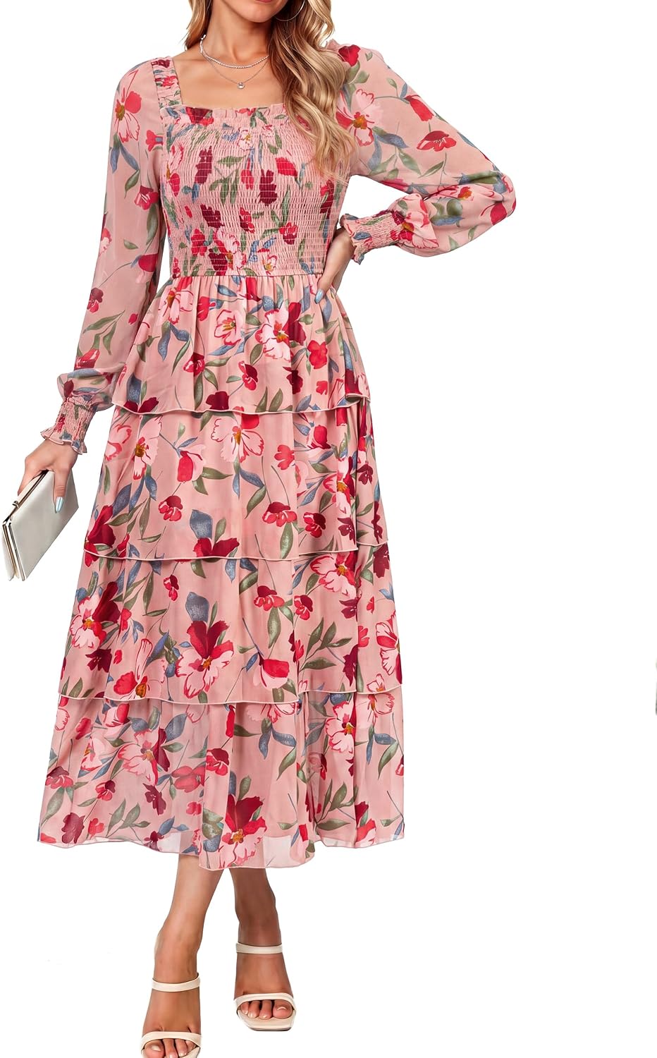 Simplee Womens Square Neck Long Sleeve Maxi Floral Fall Wedding Guest Dress | Flowy Tiered, Smocked, Bohemian, Western, Semi Formal, Spring Fall, Garden Party, Bridesmaid, Bridal Shower Dress