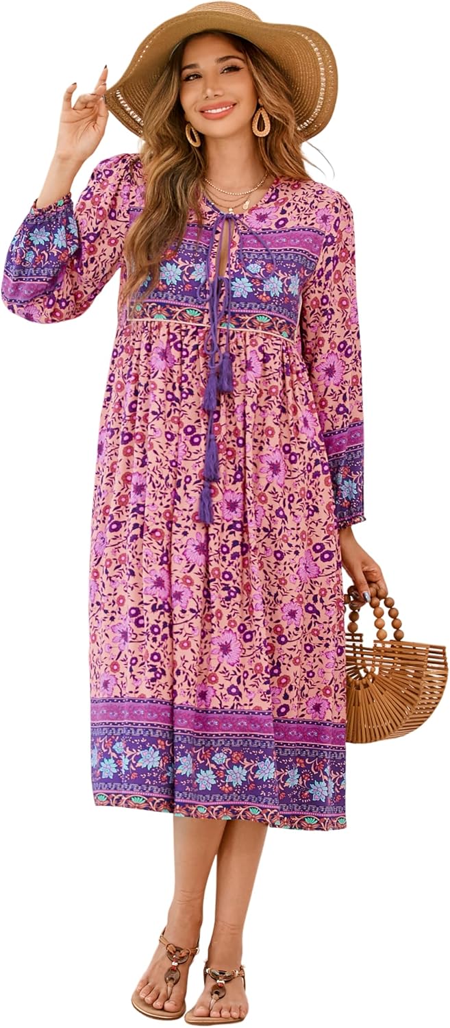 R.Vivimos Women's Long Sleeve Casual Boho Floral Midi Dresses | Retro V Neck, Tassel Tie, Beach Vacation Outfits, Resort Wear