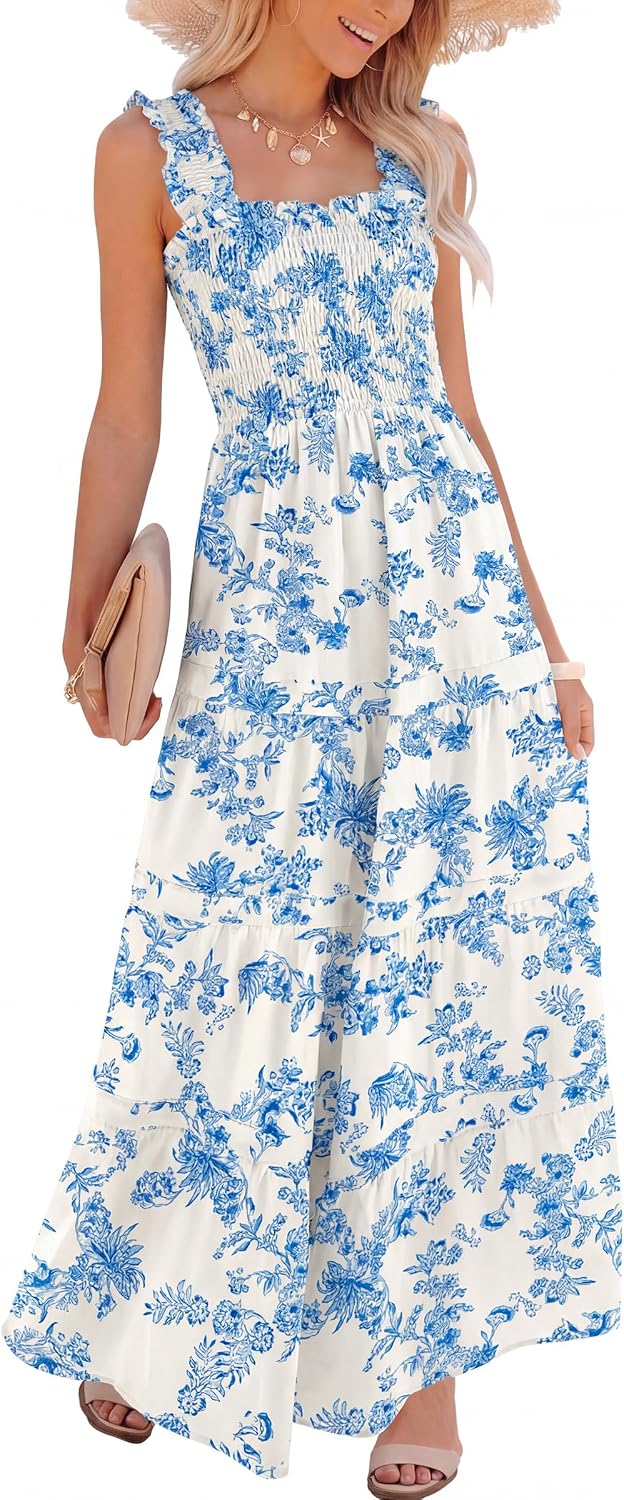 Caracilia Womens Summer Maxi Dresses Floral Smocked Boho Sundress | Sleeveless Ruffle Straps, Square Neck, Tiered Aline Flowy Casual Long Dress, Beach Vacation Outfits