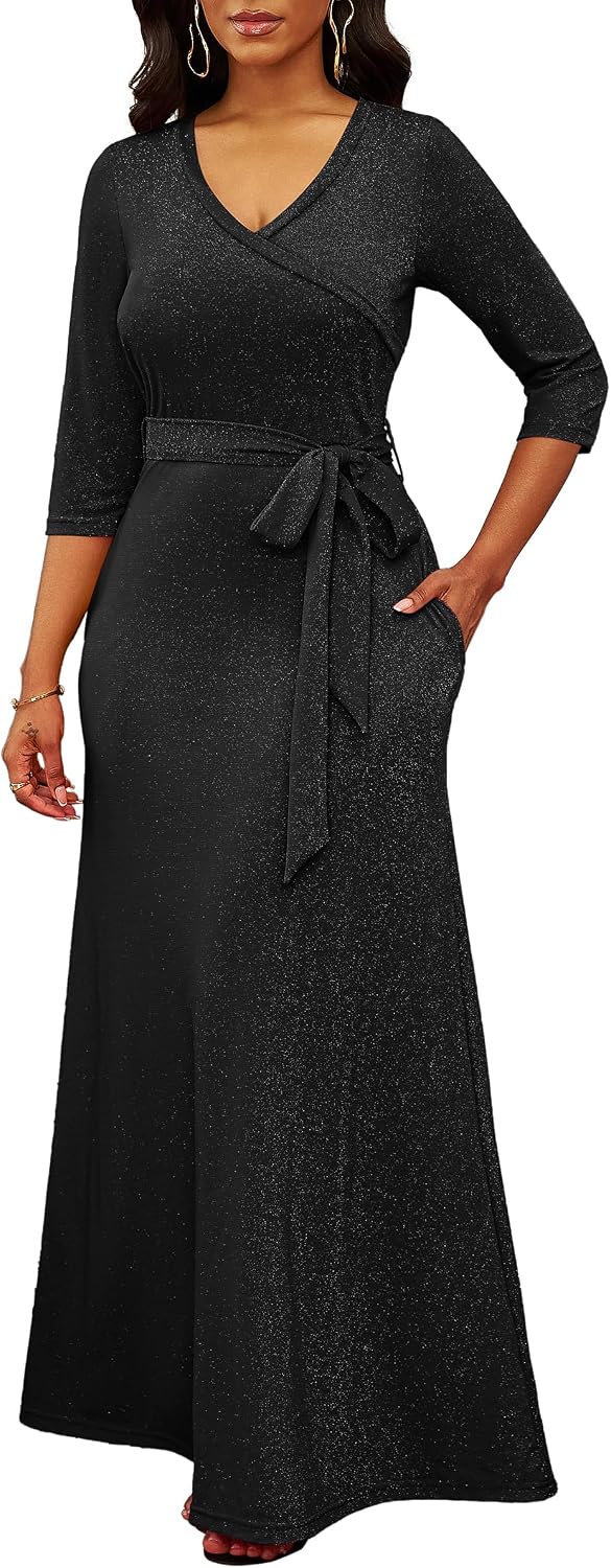 FANDEE Women's 2026 Maxi Dress - Solid Color Bohemian Summer Long Maxi Dress V-Neck 3\/4 Sleeve