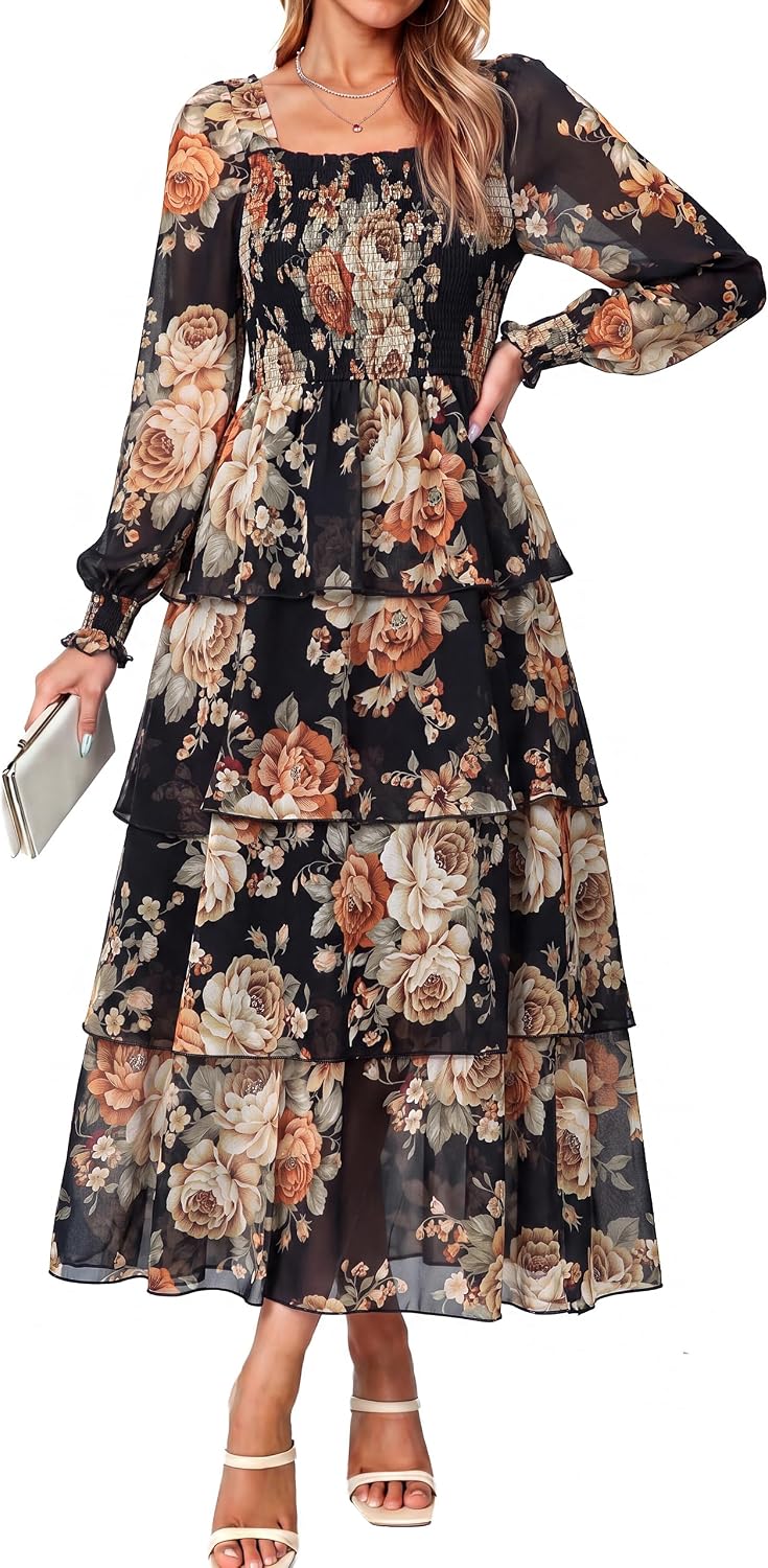 Simplee Womens Square Neck Long Sleeve Maxi Floral Fall Wedding Guest Dress | Flowy Tiered, Smocked, Bohemian, Western, Semi Formal, Spring Fall, Garden Party, Bridesmaid, Bridal Shower Dress