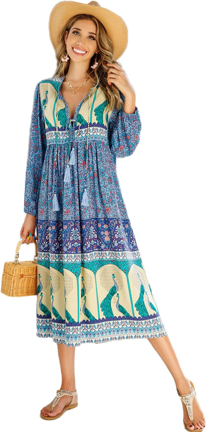 R.Vivimos Women's Long Sleeve Casual Boho Floral Midi Dresses | Retro V Neck, Tassel Tie, Beach Vacation Outfits, Resort Wear