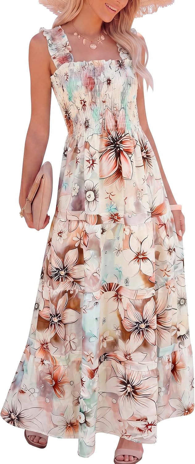 Caracilia Womens Summer Maxi Dresses Floral Smocked Boho Sundress | Sleeveless Ruffle Straps, Square Neck, Tiered Aline Flowy Casual Long Dress, Beach Vacation Outfits