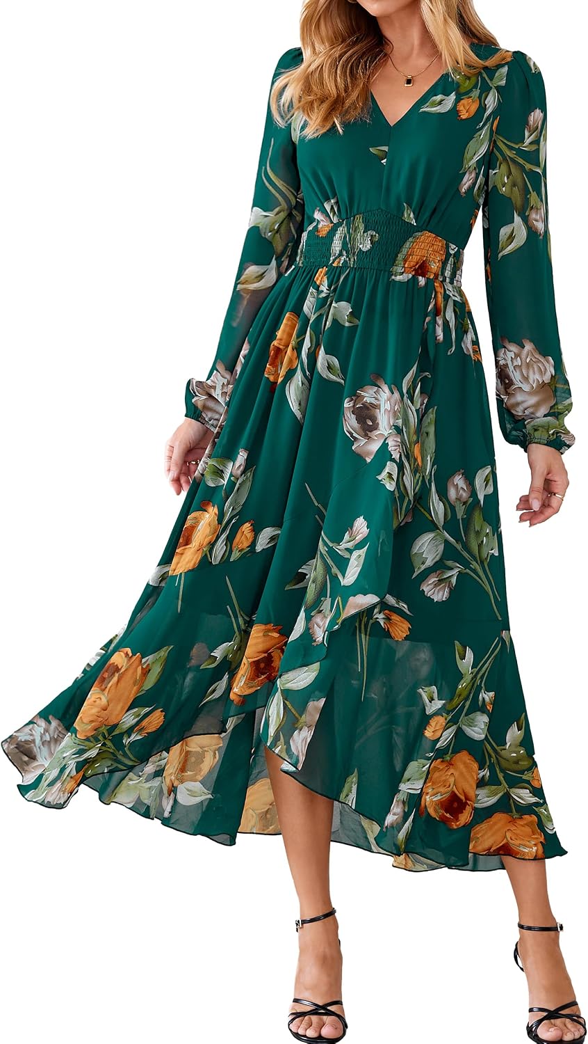 Simplee Women's Floral Boho Long Sleeve Maxi Fall Wedding Guest Dress 2026 | Flowy V Neck Empire Waist A-Line , Swing Faux Wrap Ruffle High Low Hem, Casual Vacation, Date Night, Garden Tea Party Dresses