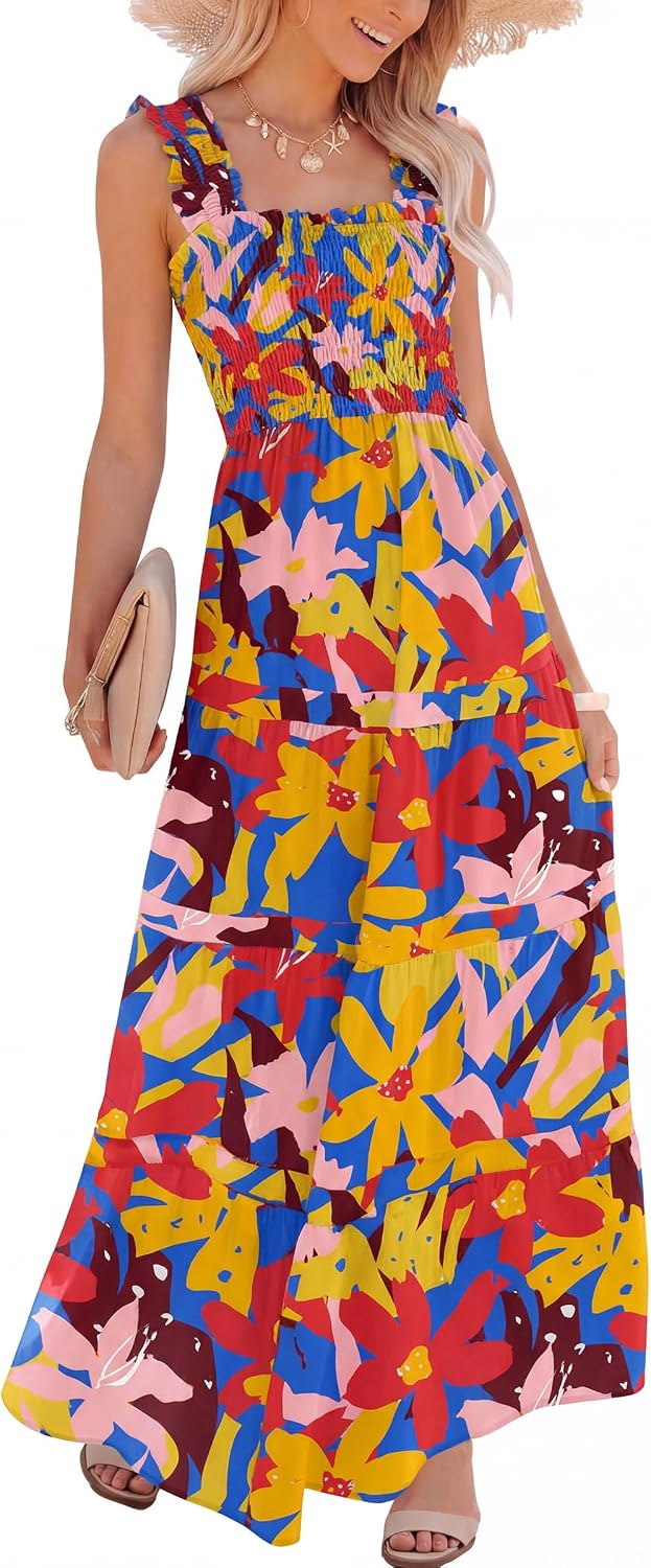 Caracilia Womens Summer Maxi Dresses Floral Smocked Boho Sundress | Sleeveless Ruffle Straps, Square Neck, Tiered Aline Flowy Casual Long Dress, Beach Vacation Outfits