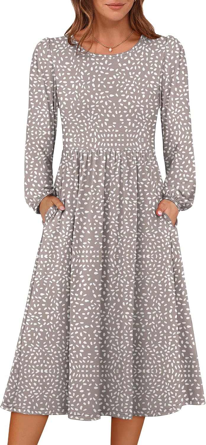 ANRABESS Women Long Sleeve Casual Fall Midi Dress Lightweight with Pockets | Crewneck Flowy A-Line Long Dresses, Comfy Soft, Church Floral Vacation Outfits, Fashion Transition, Winter Layering Clothes