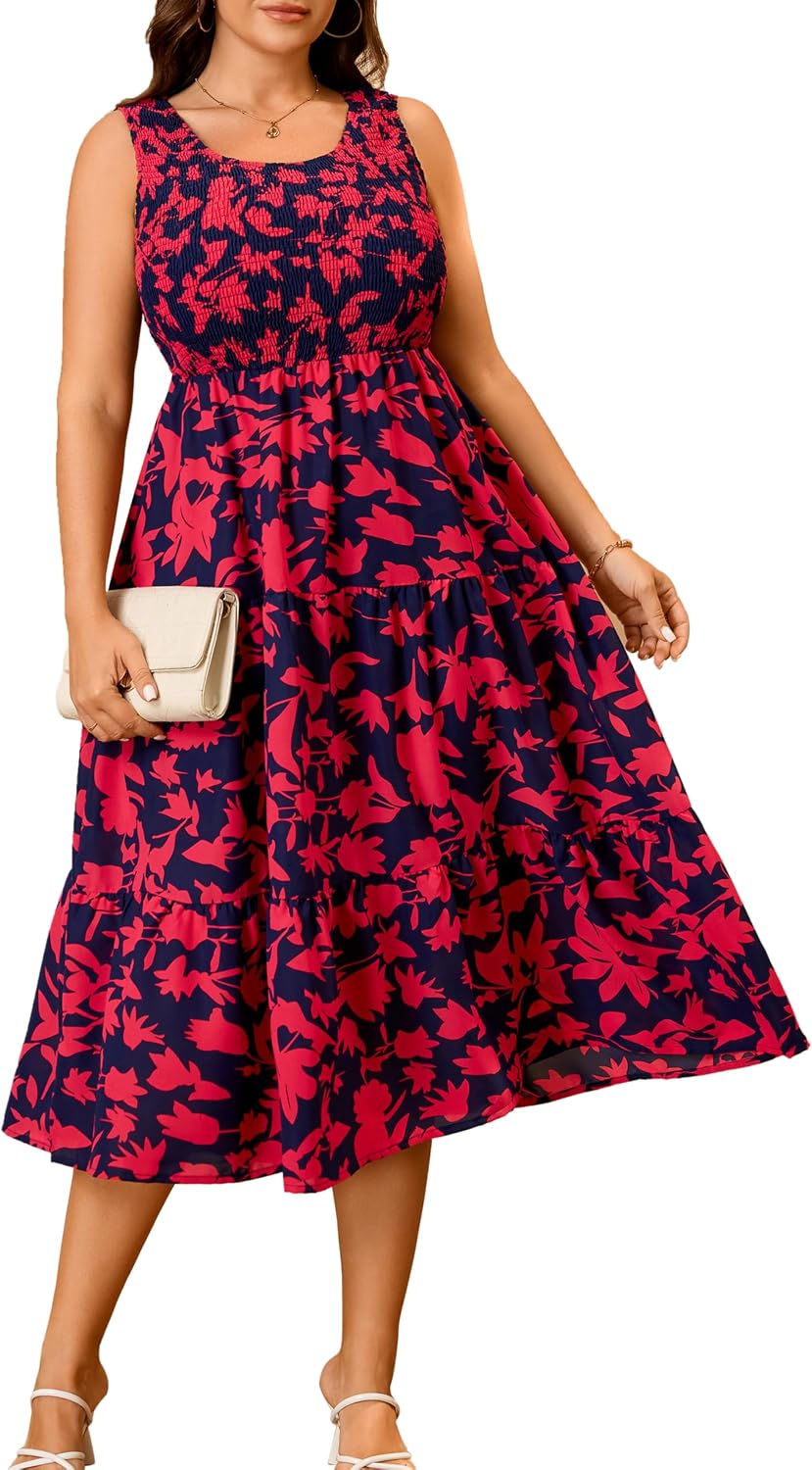 RWJ Plus Size Summer Sleeveless Tank Dress for Women Smocked Midi Sundress | Casual Loose Fit, Tiered Long Dresses, Beach Vacation, Holiday, Wedding Guest, Cocktail Party, Resort, Music Festival, Date