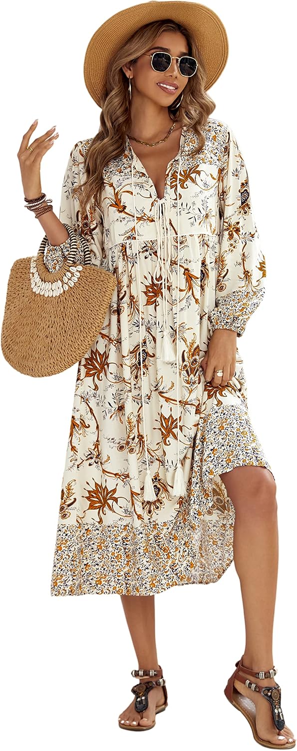 R.Vivimos Women's Long Sleeve Casual Boho Floral Midi Dresses | Retro V Neck, Tassel Tie, Beach Vacation Outfits, Resort Wear