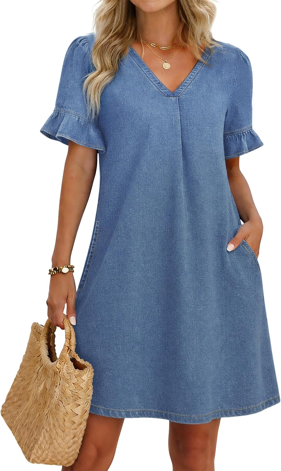 POTILI Women's Denim Dress Ruffle Sleeve Jean Mini Dress with Pockets | V Neck；Puff Short Sleeve;Babydoll；Stretchy；A-Line；Lightweight