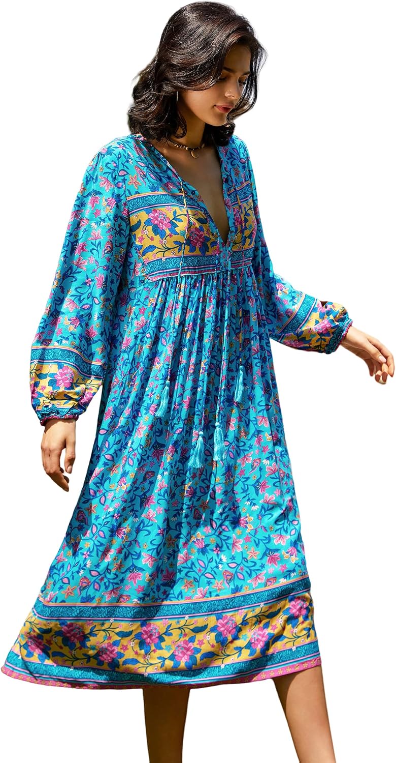 R.Vivimos Women's Long Sleeve Casual Boho Floral Midi Dresses | Retro V Neck, Tassel Tie, Beach Vacation Outfits, Resort Wear