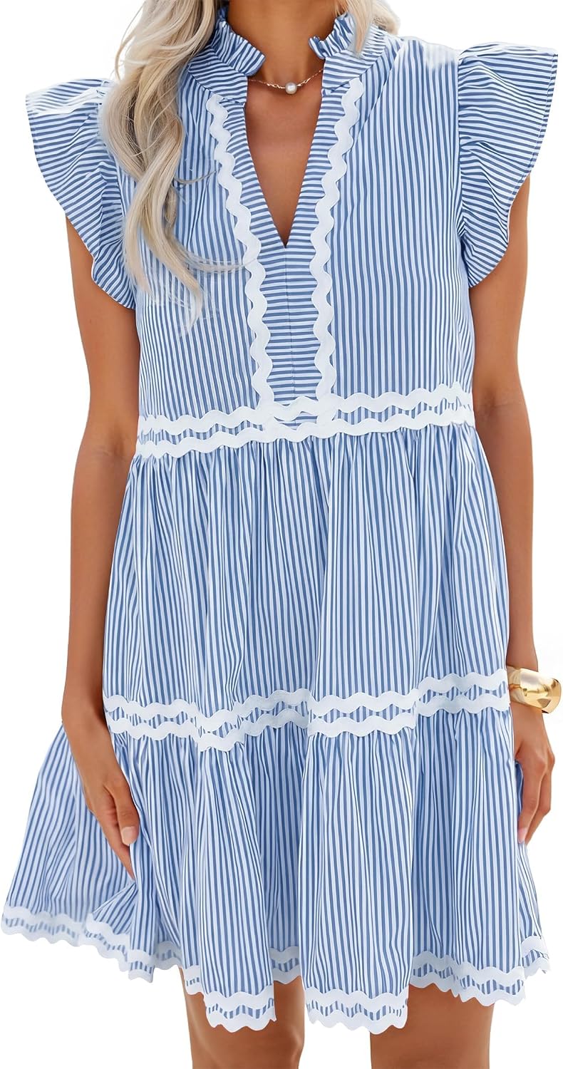 ZESICA Women's Summer Casual Striped Mini Dress Beach Dresses | Flutter Short Sleeve Dress,Elegant Flutter Sleeves Vneck Dresses,Ruffle A Line Clothes,Striped Short Dress,Cocktail Party