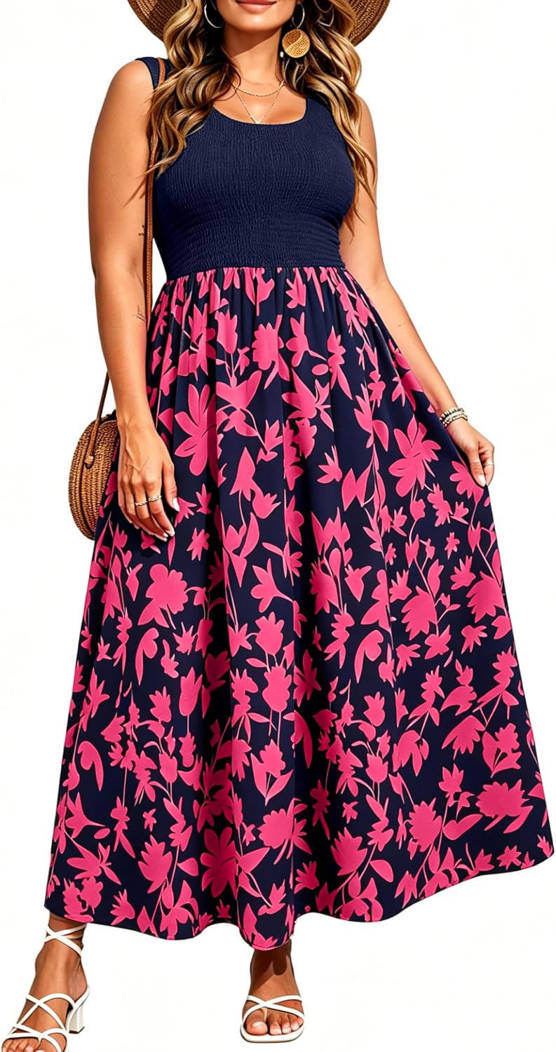 RWJ Plus Size Summer Sleeveless Tank Dress for Women Smocked Midi Sundress | Casual Loose Fit, Tiered Long Dresses, Beach Vacation, Holiday, Wedding Guest, Cocktail Party, Resort, Music Festival, Date