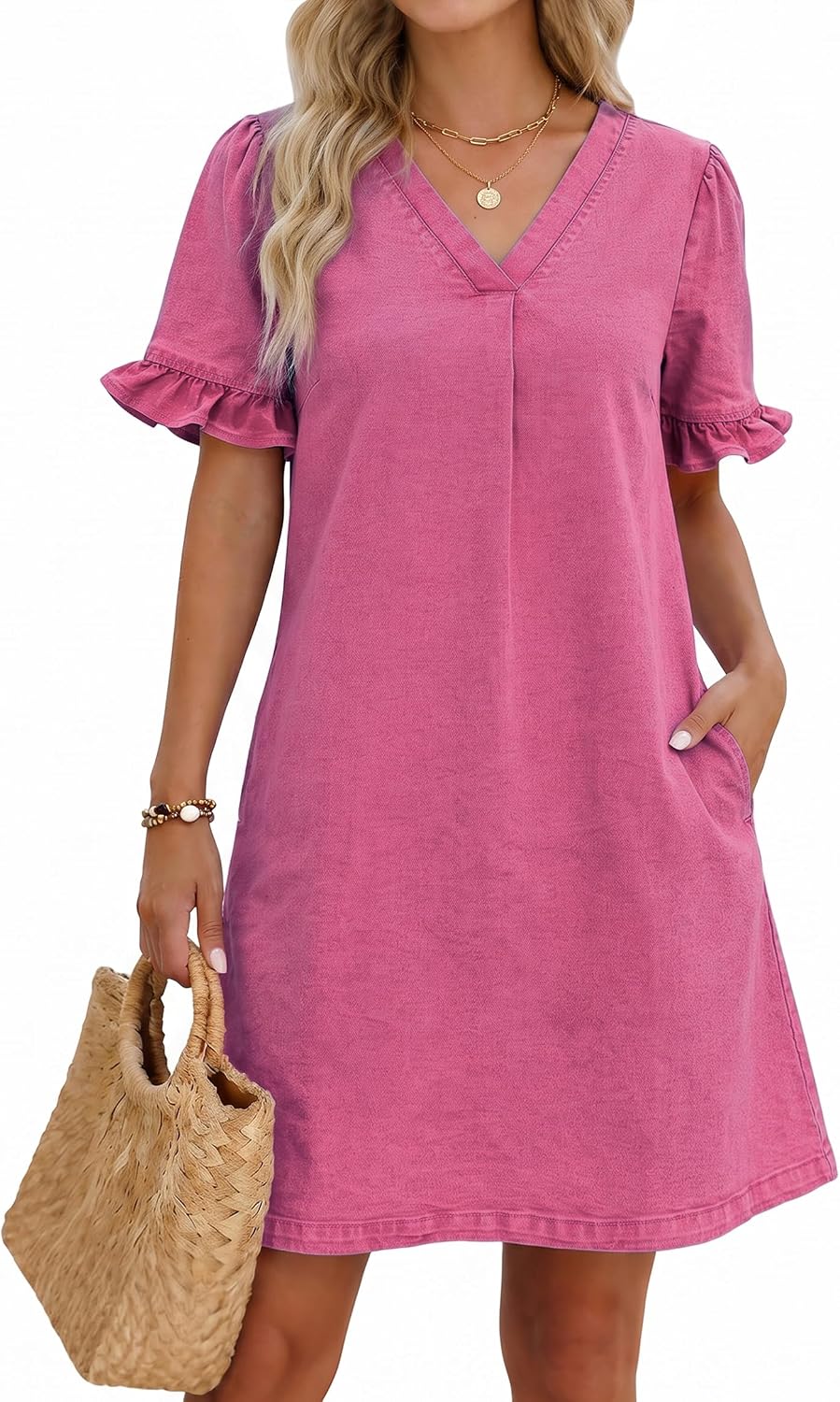 POTILI Women's Denim Dress Ruffle Sleeve Jean Mini Dress with Pockets | V Neck；Puff Short Sleeve;Babydoll；Stretchy；A-Line；Lightweight