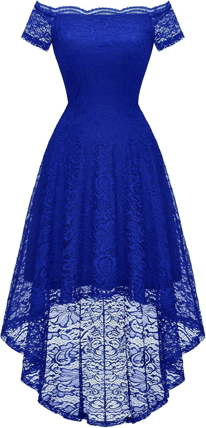 Dressystar Women's Lace Off Shoulder Cocktail Formal Wedding Guest Dress | Hi Lo Bridesmaid Wedding Dresses,Short Sleeve Party Swing Dress, A Line Design,Convertible Neckline,Soft Lace Long Dress