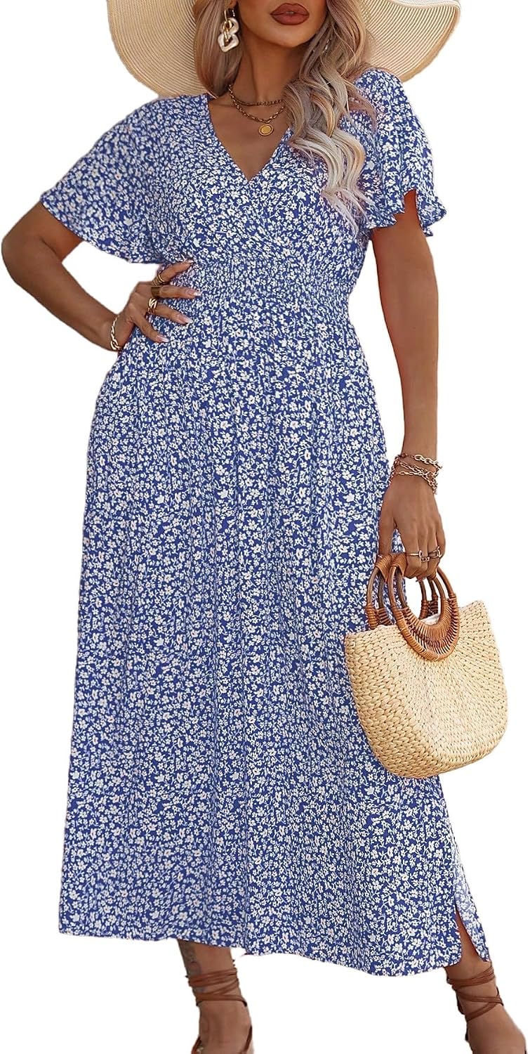 Floerns Women's Plus Size Hawaiian Tropical V Neck Long Dress | V Neck,Boho Hawaiian Tropical,All Over Print,Short Sleeve,Vacation Outfits