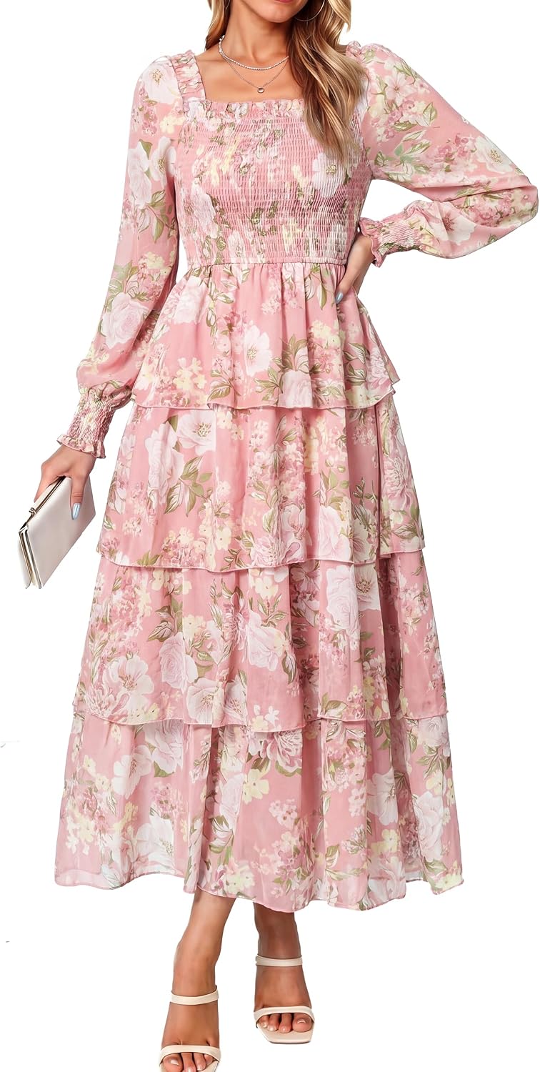 Simplee Womens Square Neck Long Sleeve Maxi Floral Fall Wedding Guest Dress | Flowy Tiered, Smocked, Bohemian, Western, Semi Formal, Spring Fall, Garden Party, Bridesmaid, Bridal Shower Dress