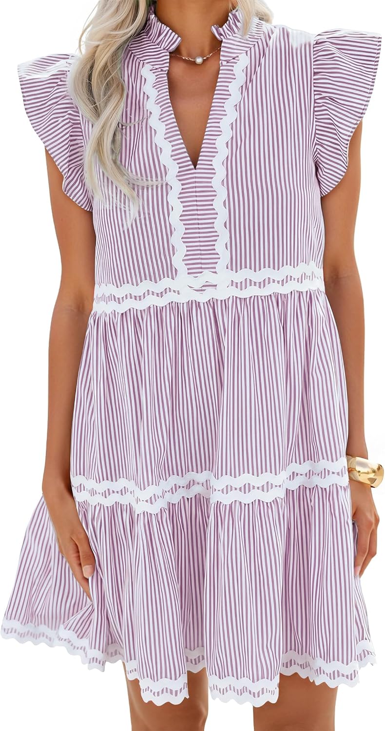 ZESICA Women's Summer Casual Striped Mini Dress Beach Dresses | Flutter Short Sleeve Dress,Elegant Flutter Sleeves Vneck Dresses,Ruffle A Line Clothes,Striped Short Dress,Cocktail Party