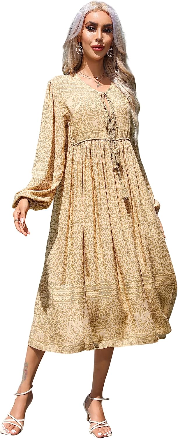 R.Vivimos Women's Long Sleeve Casual Boho Floral Midi Dresses | Retro V Neck, Tassel Tie, Beach Vacation Outfits, Resort Wear