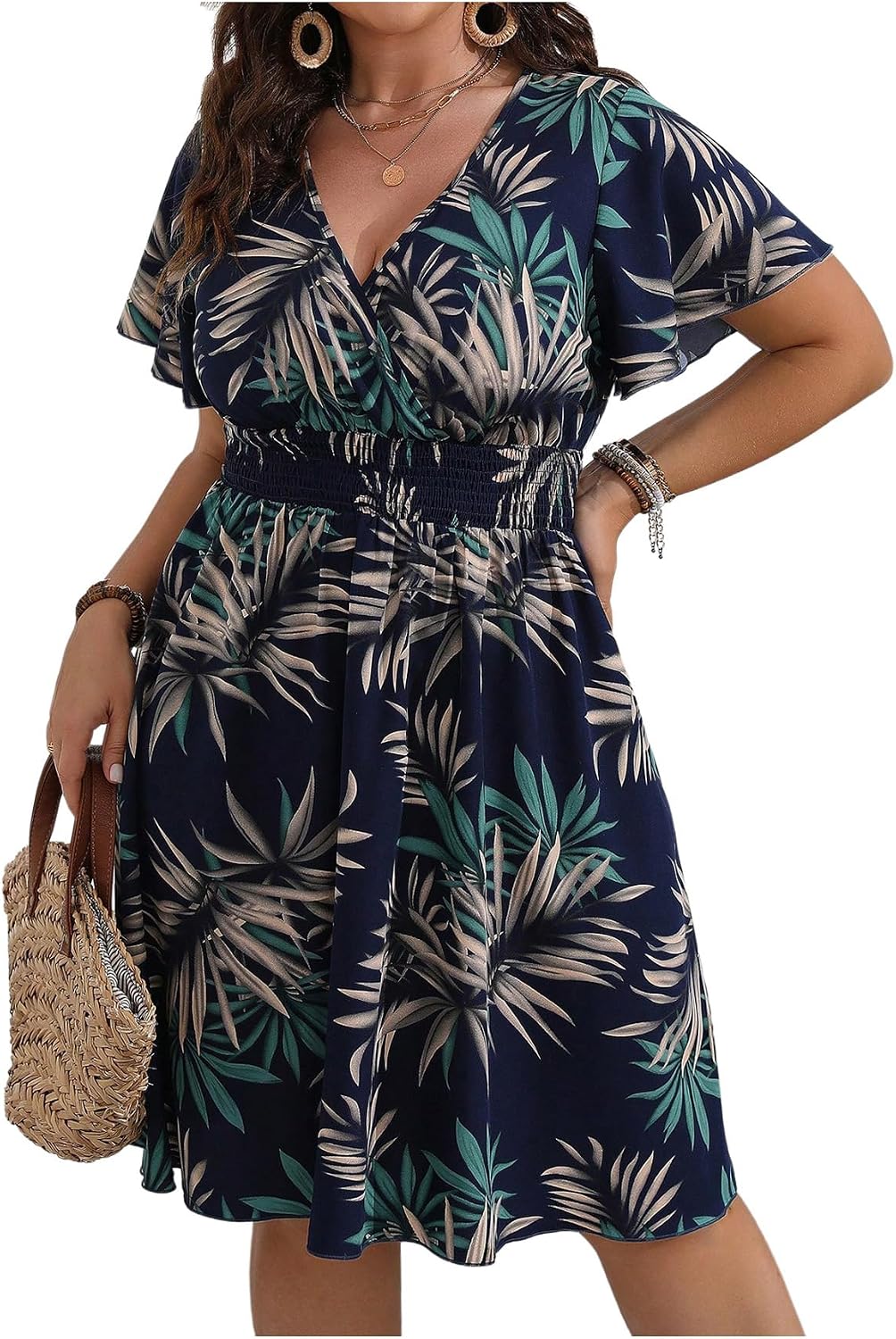 Floerns Women's Plus Size V Neck Short Sleeve Ruffle Hem A Line Short Dress | Surplice Ruffle Hem, A Line, V Neck, Short Sleeve, Boho Hawaiian Short Dress