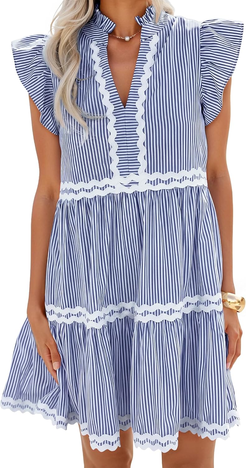 ZESICA Women's Summer Casual Striped Mini Dress Beach Dresses | Flutter Short Sleeve Dress,Elegant Flutter Sleeves Vneck Dresses,Ruffle A Line Clothes,Striped Short Dress,Cocktail Party
