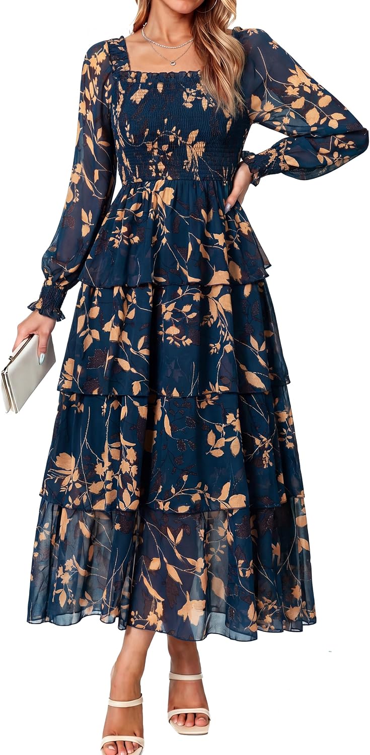 Simplee Womens Square Neck Long Sleeve Maxi Floral Fall Wedding Guest Dress | Flowy Tiered, Smocked, Bohemian, Western, Semi Formal, Spring Fall, Garden Party, Bridesmaid, Bridal Shower Dress