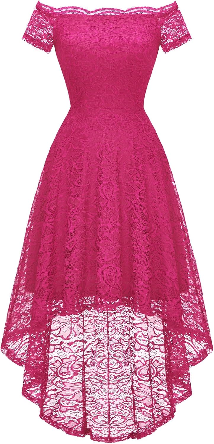 Dressystar Women's Lace Off Shoulder Cocktail Formal Wedding Guest Dress | Hi Lo Bridesmaid Wedding Dresses,Short Sleeve Party Swing Dress, A Line Design,Convertible Neckline,Soft Lace Long Dress