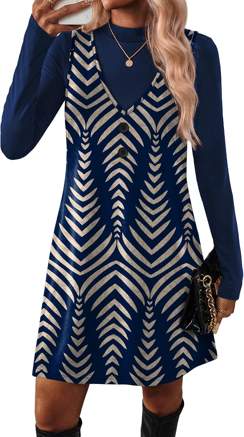 OFEEFAN Fall Dresses for Women 2 Piece Sets Long Sleeve Overall Dress with Pockets Abvoe Knee Fashion Winter Clothing