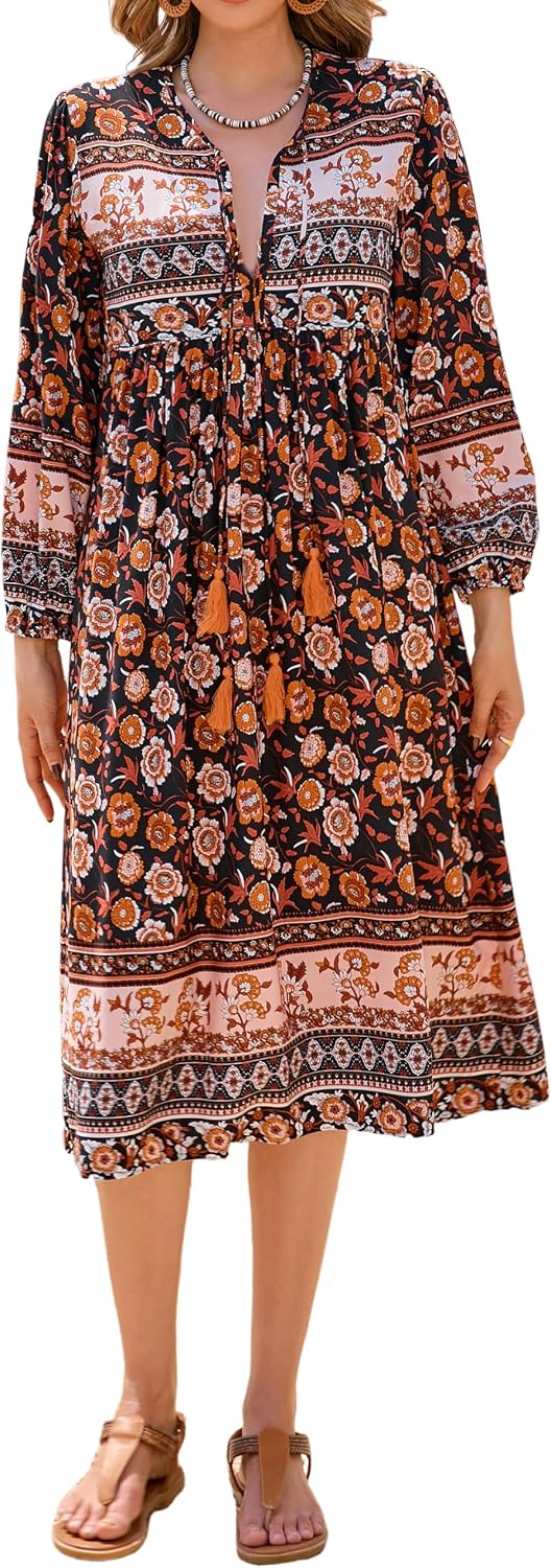 R.Vivimos Women's Long Sleeve Casual Boho Floral Midi Dresses | Retro V Neck, Tassel Tie, Beach Vacation Outfits, Resort Wear
