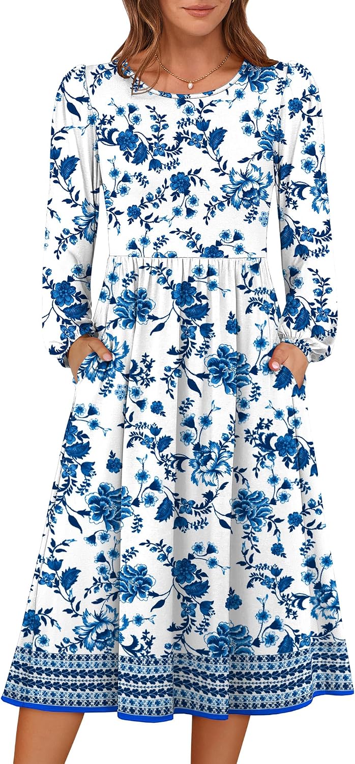 ANRABESS Women Long Sleeve Casual Fall Midi Dress Lightweight with Pockets | Crewneck Flowy A-Line Long Dresses, Comfy Soft, Church Floral Vacation Outfits, Fashion Transition, Winter Layering Clothes