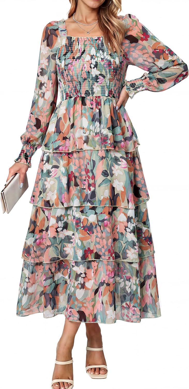 Simplee Womens Square Neck Long Sleeve Maxi Floral Fall Wedding Guest Dress | Flowy Tiered, Smocked, Bohemian, Western, Semi Formal, Spring Fall, Garden Party, Bridesmaid, Bridal Shower Dress