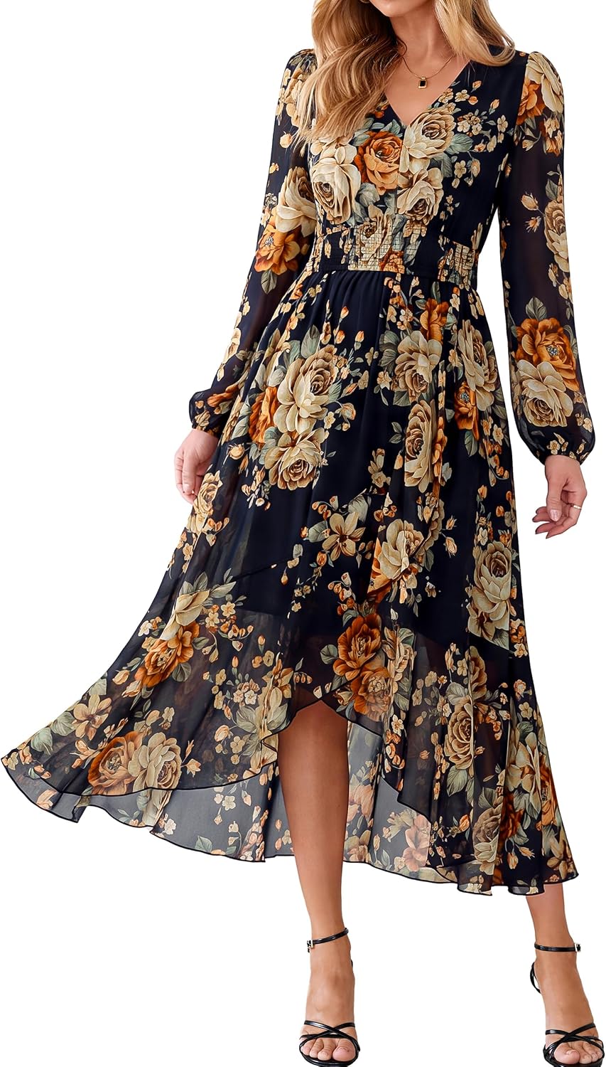 Simplee Women's Floral Boho Long Sleeve Maxi Fall Wedding Guest Dress 2026 | Flowy V Neck Empire Waist A-Line , Swing Faux Wrap Ruffle High Low Hem, Casual Vacation, Date Night, Garden Tea Party Dresses