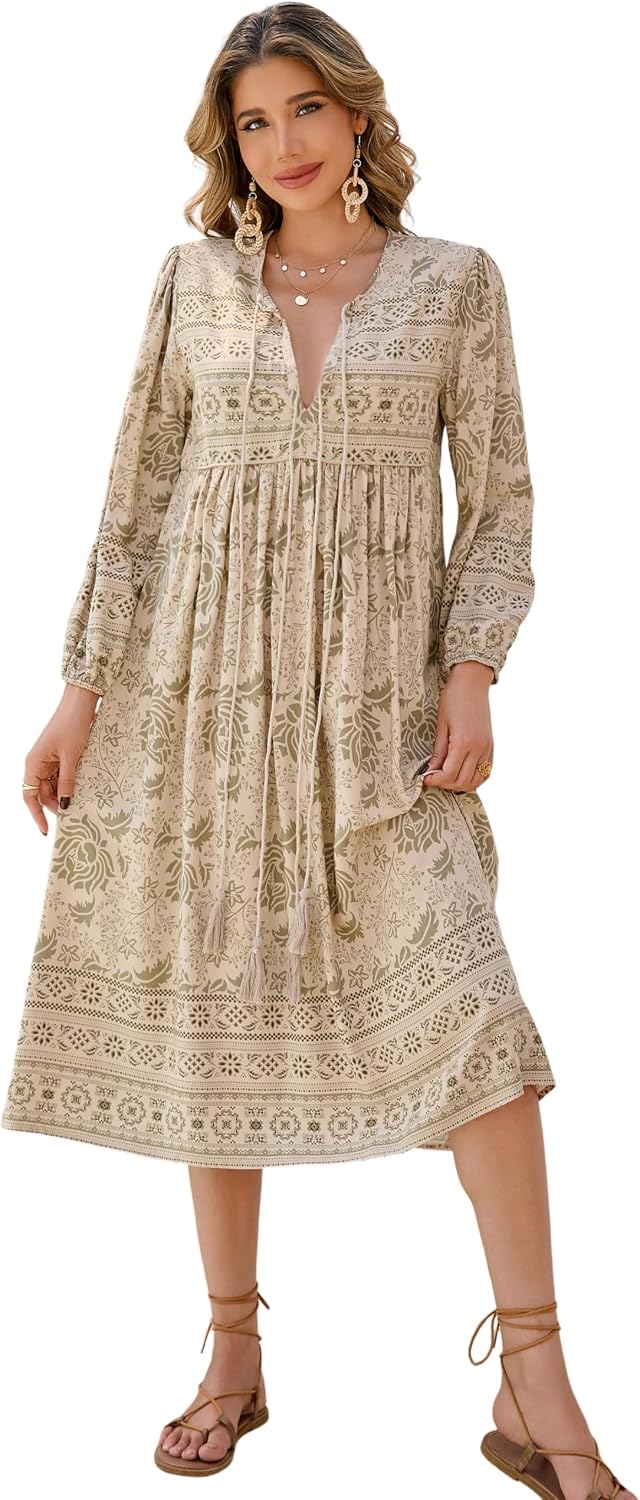 R.Vivimos Women's Long Sleeve Casual Boho Floral Midi Dresses | Retro V Neck, Tassel Tie, Beach Vacation Outfits, Resort Wear