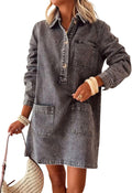 ebossy Women's Polo V Neck Denim Shift Dress Casual Loose Button-Up Mini Jean Dress with Pockets