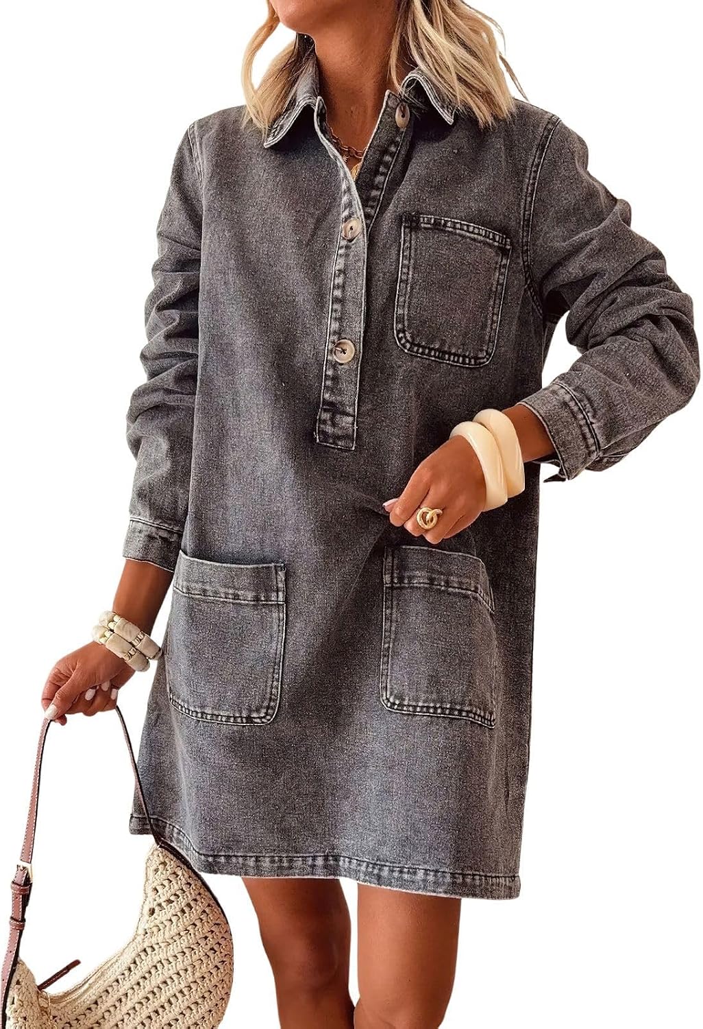 ebossy Women's Polo V Neck Denim Shift Dress Casual Loose Button-Up Mini Jean Dress with Pockets