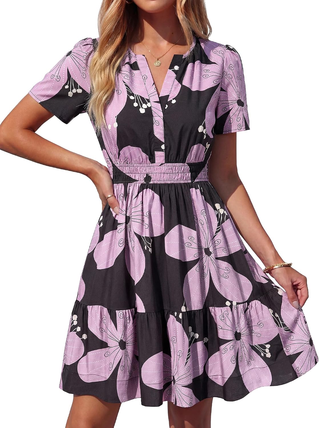 BTFBM Summer Dresses for Women 2026 Casual Short Sleeve Floral Mini Dress | V Neck Empire Waist A Line Sundress, Lightweight Dress, Party Holiday Wedding Guest Dress, Date Travel Beach Vacation Outfits