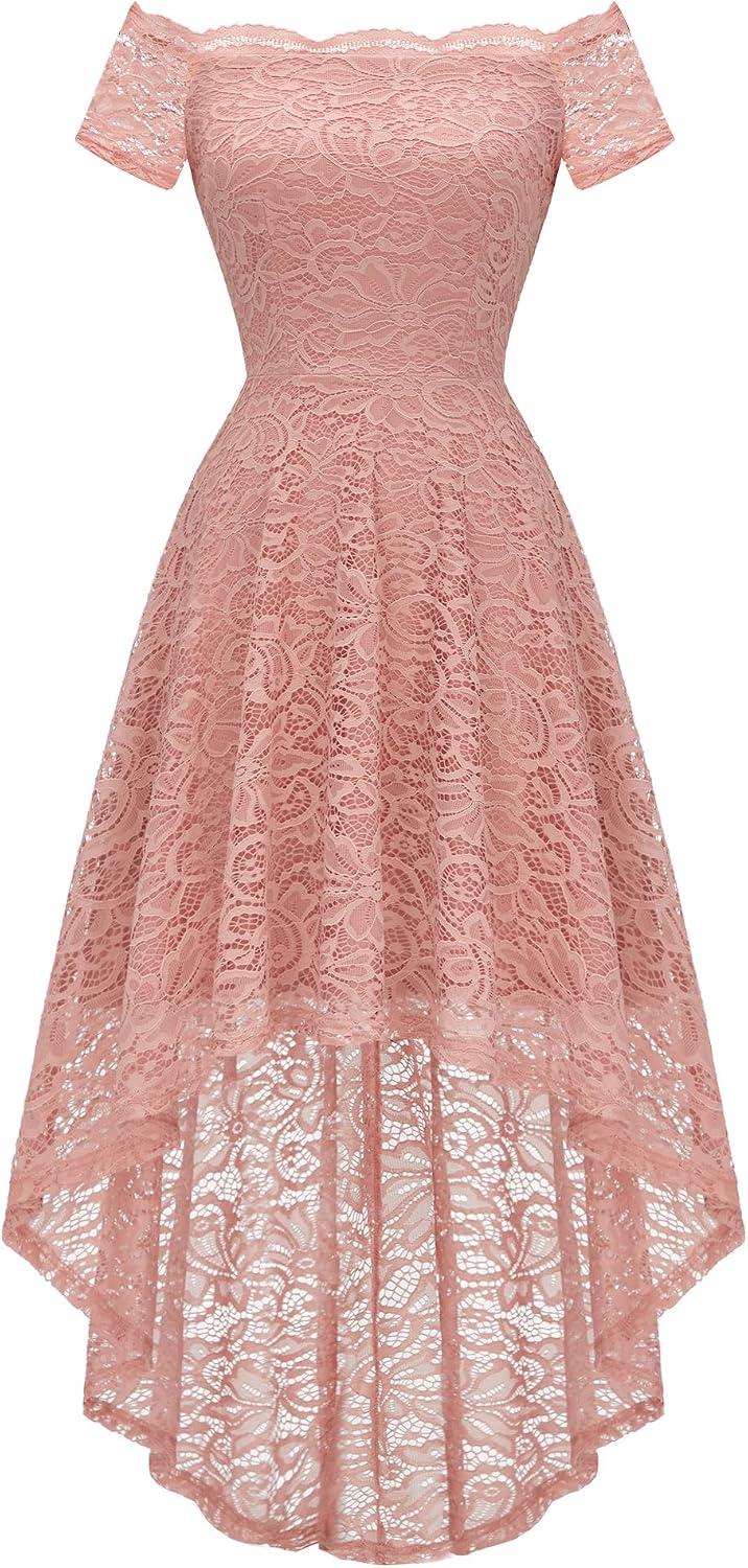 Dressystar Women's Lace Off Shoulder Cocktail Formal Wedding Guest Dress | Hi Lo Bridesmaid Wedding Dresses,Short Sleeve Party Swing Dress, A Line Design,Convertible Neckline,Soft Lace Long Dress