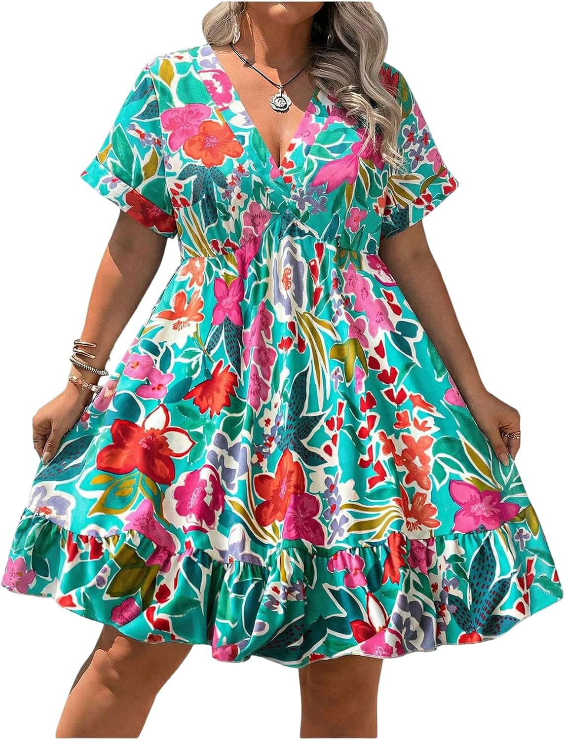Floerns Women's Plus Size Hawaiian Tropical V Neck Long Dress | V Neck,Boho Hawaiian Tropical,All Over Print,Short Sleeve,Vacation Outfits