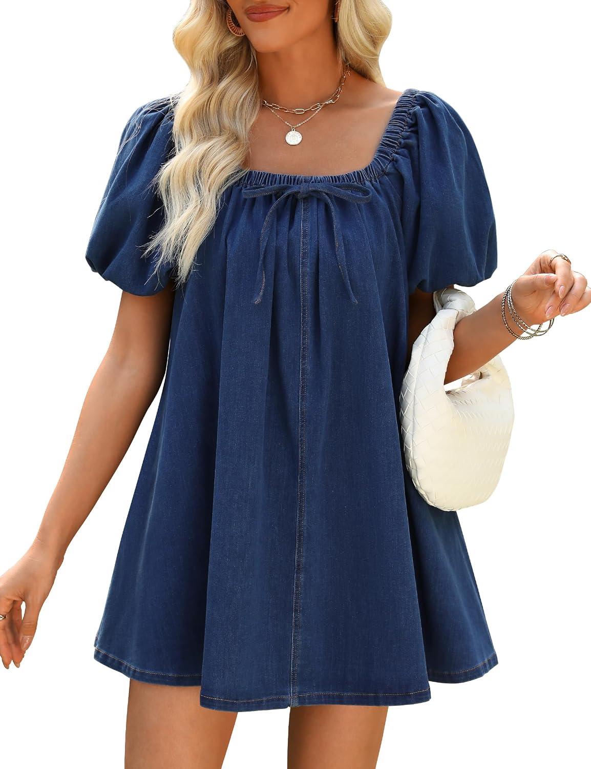 POLIRO Women Denim Dress Puff Short Sleeve Square Neck Jean Dress 2026 | Two Side Pockets, Babydoll Mini Dress, Stretchy Breathable Fabric, Casual Daily Outfits, Western Counrty Concert Outfits
