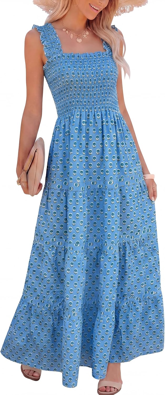 Caracilia Womens Summer Maxi Dresses Floral Smocked Boho Sundress | Sleeveless Ruffle Straps, Square Neck, Tiered Aline Flowy Casual Long Dress, Beach Vacation Outfits