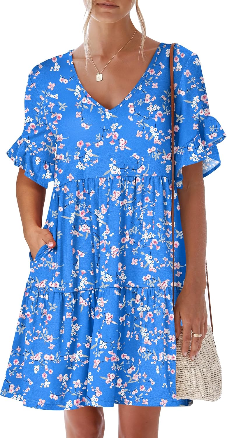 ANRABESS Dresses for Women Summer 2026 V Neck Ruffle Sleeve A Line Tiered Flowy Casual Trendy Mini Beach Dress with Pockets