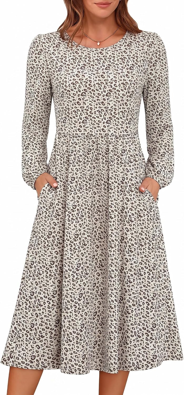 ANRABESS Women Long Sleeve Casual Fall Midi Dress Lightweight with Pockets | Crewneck Flowy A-Line Long Dresses, Comfy Soft, Church Floral Vacation Outfits, Fashion Transition, Winter Layering Clothes
